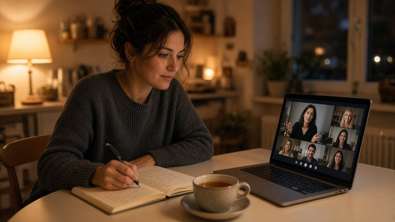 Frau nimmt abends am Küchentisch an einem Online-Integrationskurs teil